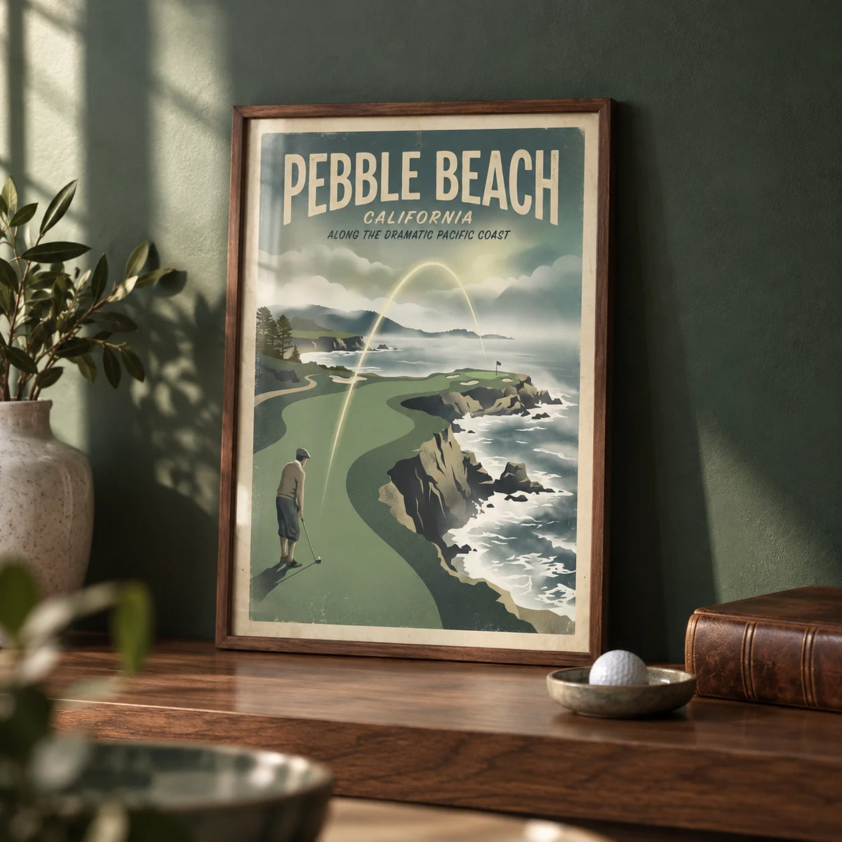 California Coastal Golf Print, a small A4 framed print leaning on a walnut shelf in a living room