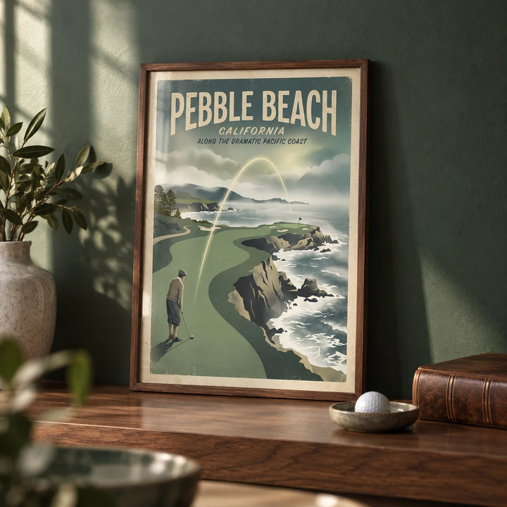 California Coastal Golf Print, a small A4 framed print leaning on a walnut shelf in a living room