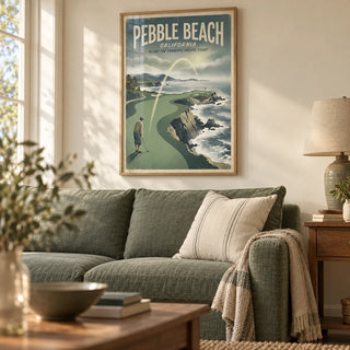 California Coastal Golf Print, framed on the wall of a traditional living room with a warm cream wall