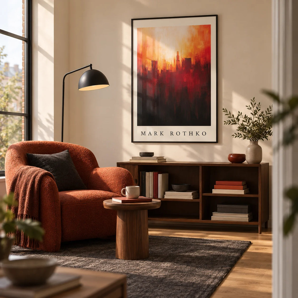 California Wall Art, framed on the wall of a dedicated reading corner in a modern UK apartment with a warm cream wall and oak floor in a living room