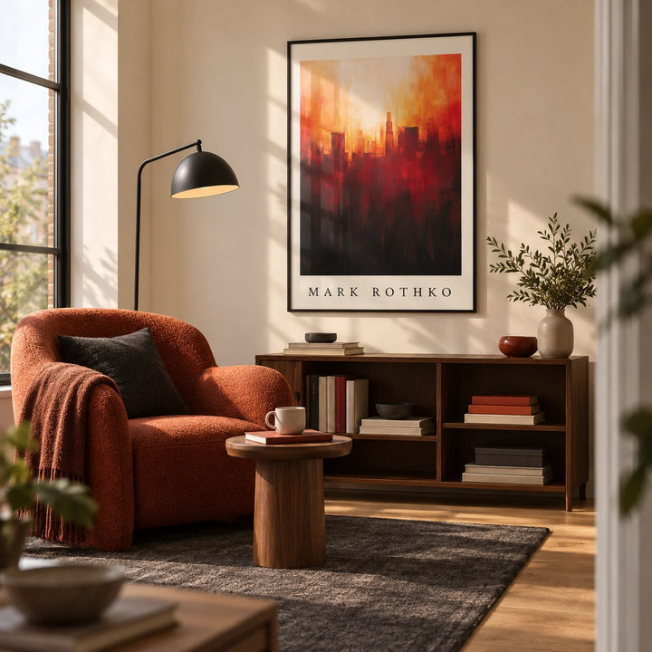 California Wall Art, framed on the wall of a dedicated reading corner in a modern UK apartment with a warm cream wall and oak floor in a living room