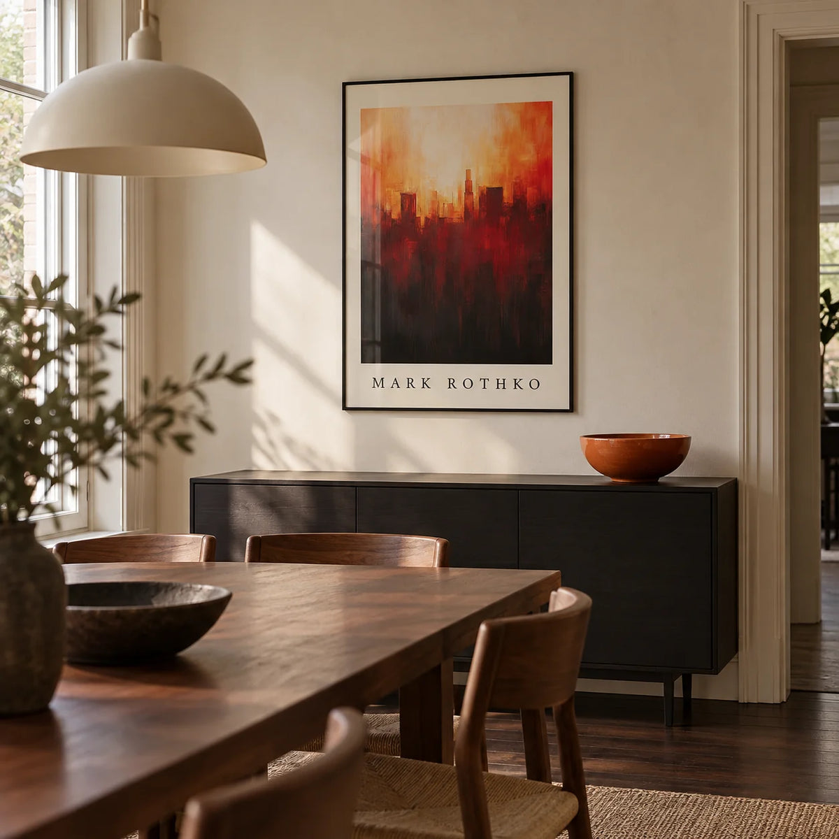 California Wall Art, framed on the wall of a modern dining room in a UK townhouse with a cream plaster wall and dark timber floor