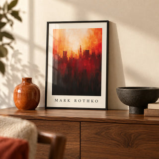 California Wall Art, a small A4 framed print leaning on a walnut sideboard in a living room
