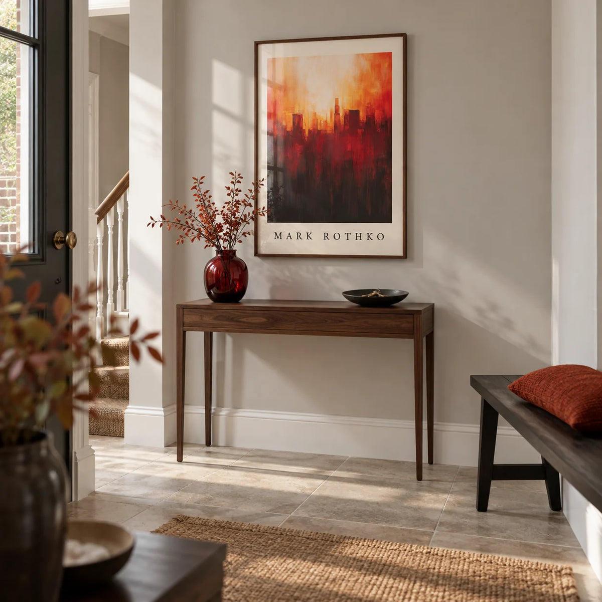 California Wall Art, framed on the wall of a spacious entrance hallway in a renovated UK terrace with a pale grey wall and large plain stone floor tiles