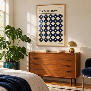 Cambridge Print, framed on the wall of a bright bedroom corner with a pale wall