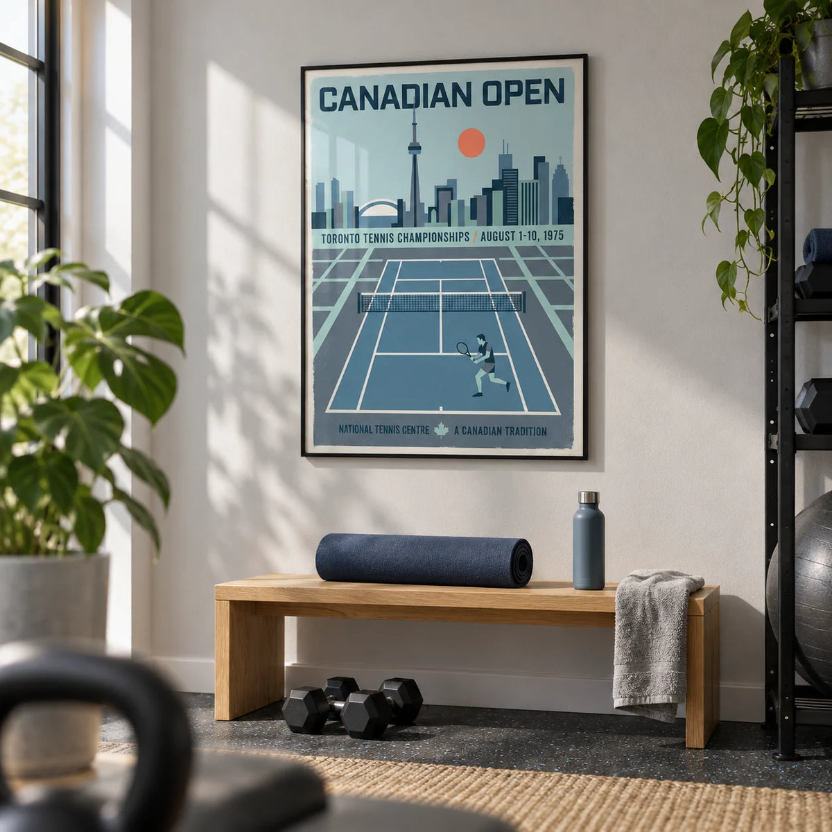 Canadian Open Tennis Art Print, framed on the wall of a clean home gym in a spare room with a pale grey wall