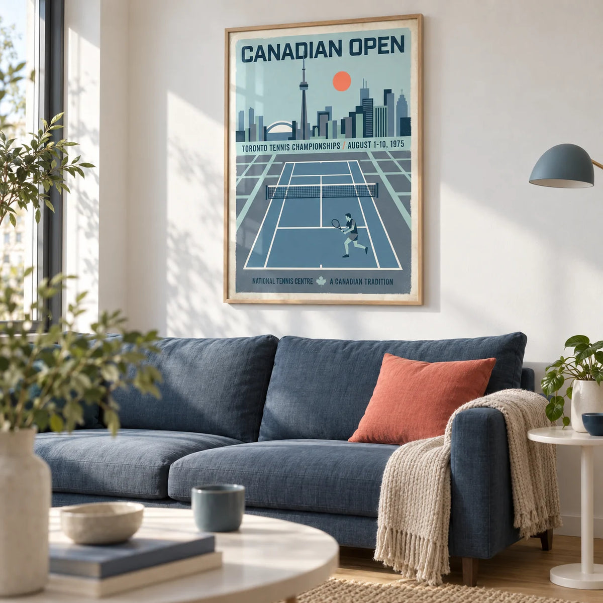 Canadian Open Tennis Art Print, framed on the wall of a design-led city flat living room with a white wall and a light oak floor