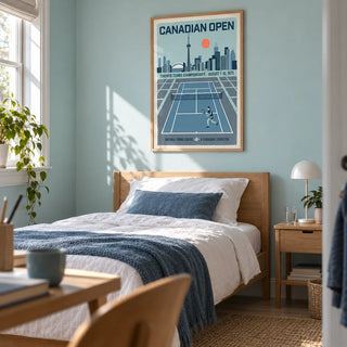 Canadian Open Tennis Art Print, framed on the wall of a fresh single bedroom for a young adult (18-25) with a pale aqua wall