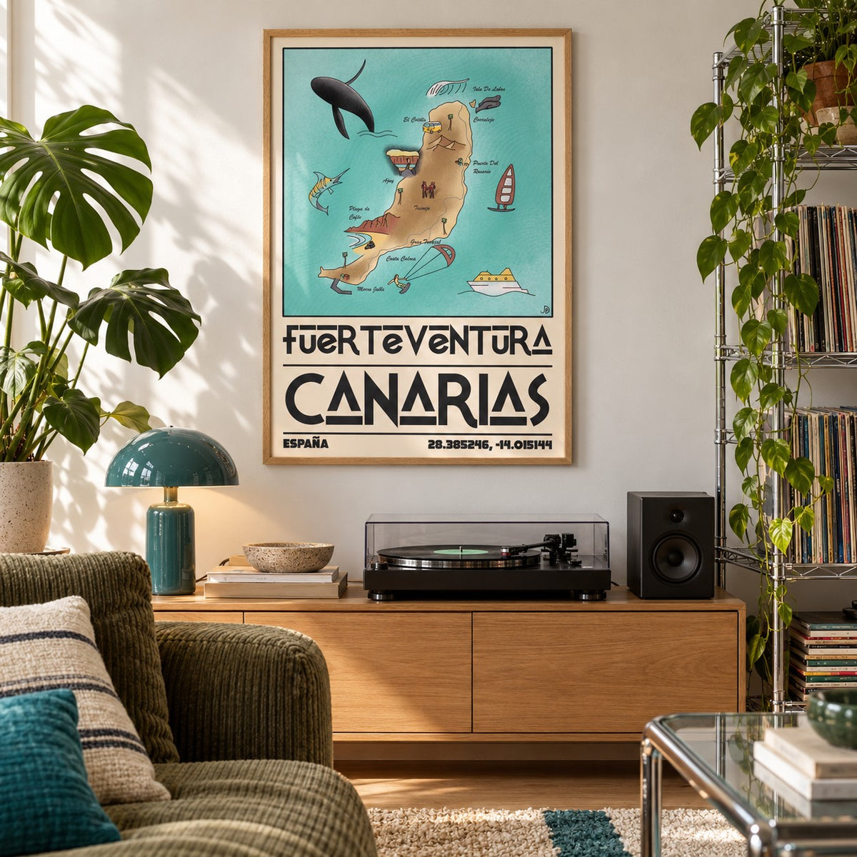 Canary Islands Wall Art shown in a city apartment record corner (frame not included)