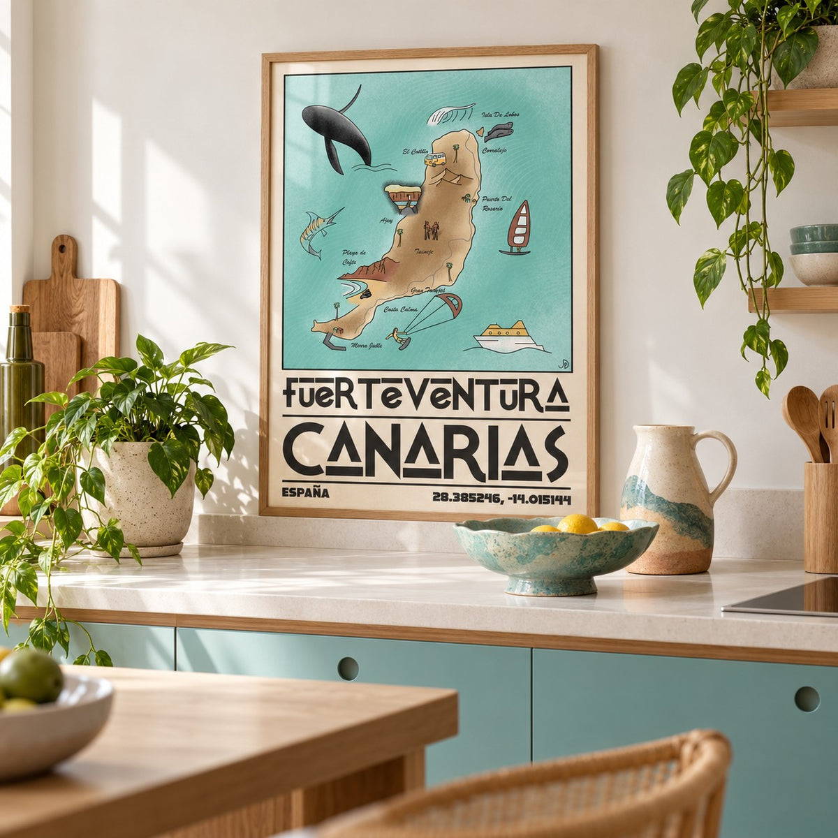 Canary Islands Wall Art shown in a minimalist kitchen (frame not included)