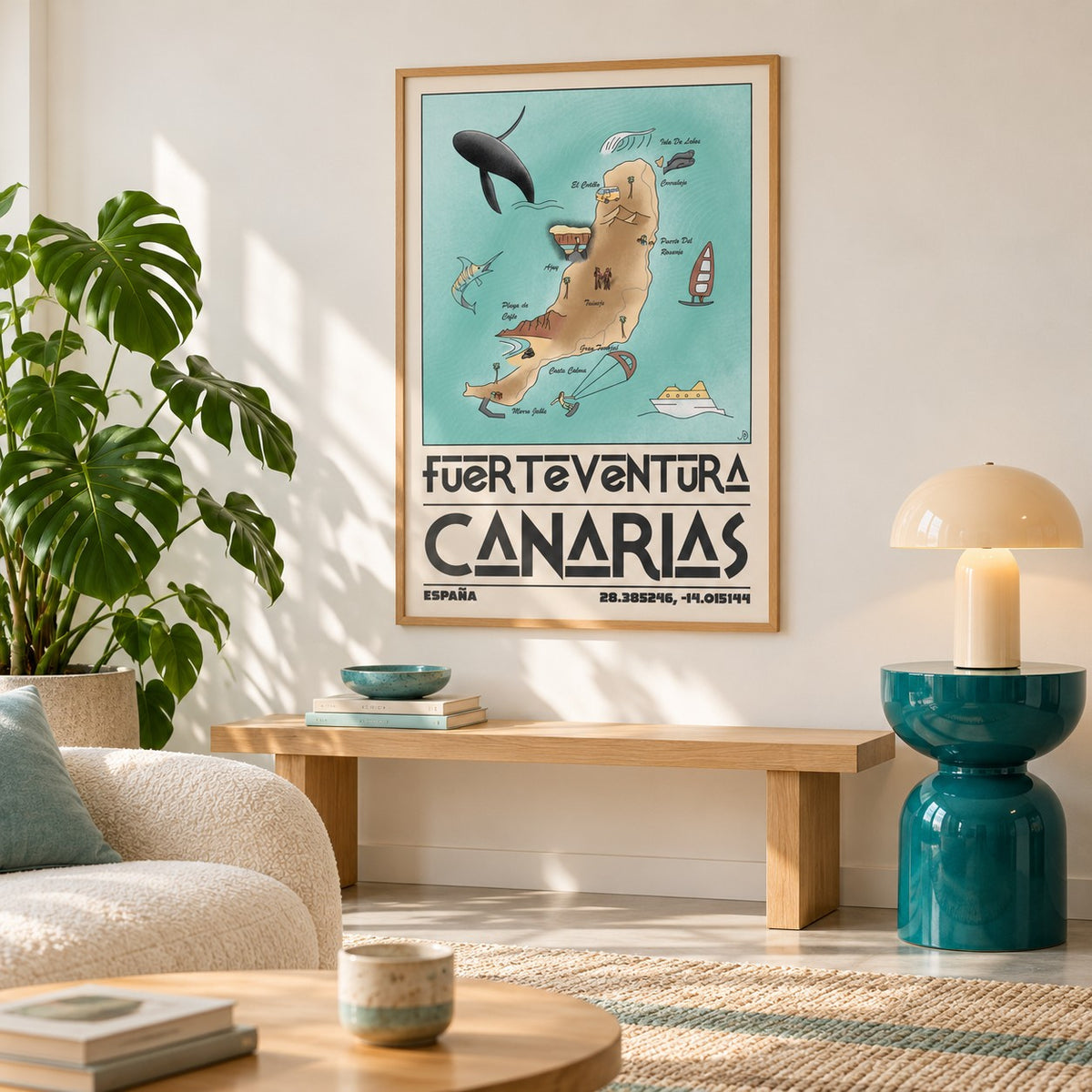Canary Islands Wall Art shown in a minimalist living room with an oak bench (frame not included)