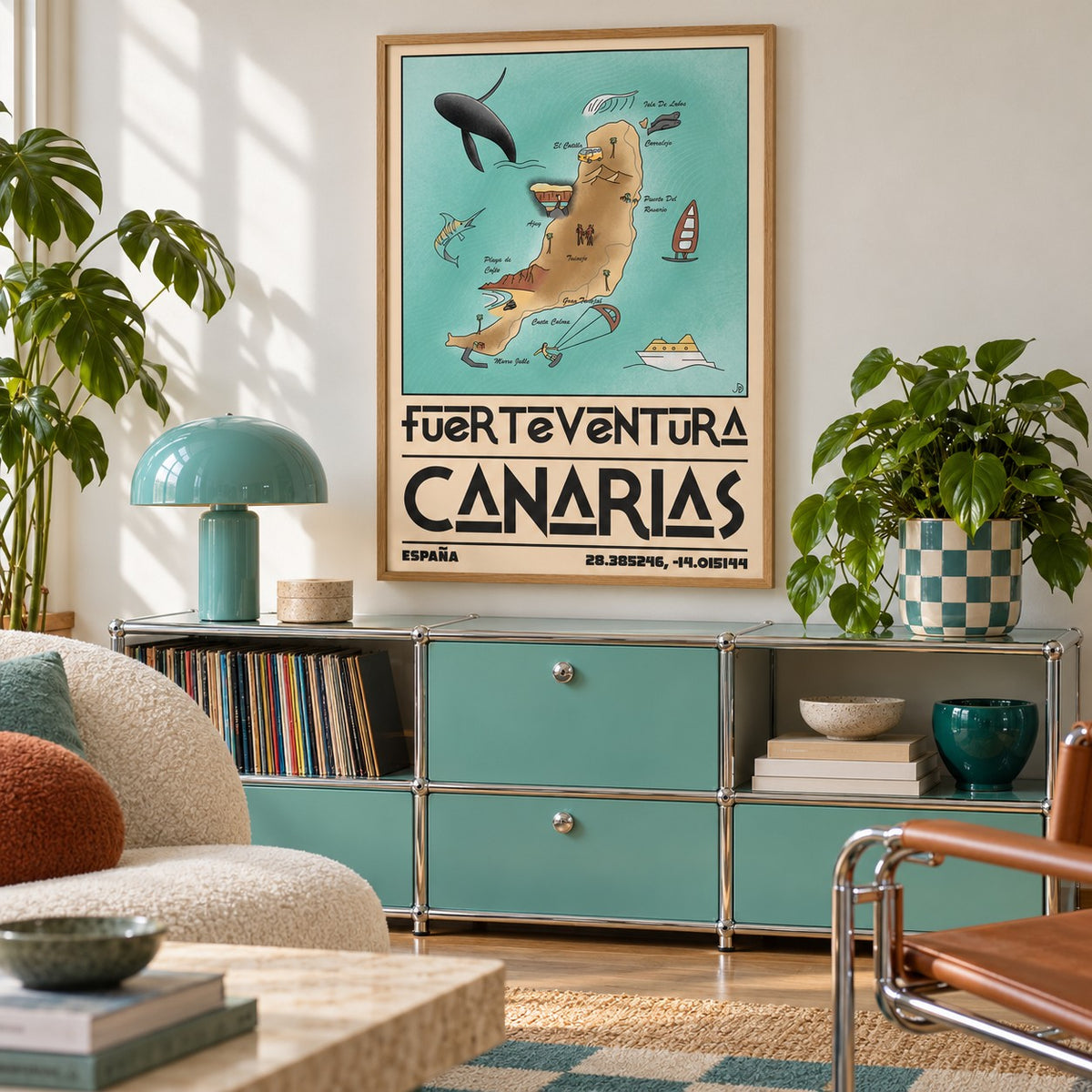 Canary Islands Wall Art shown in a playful living room with a retro modular sideboard (frame not included)