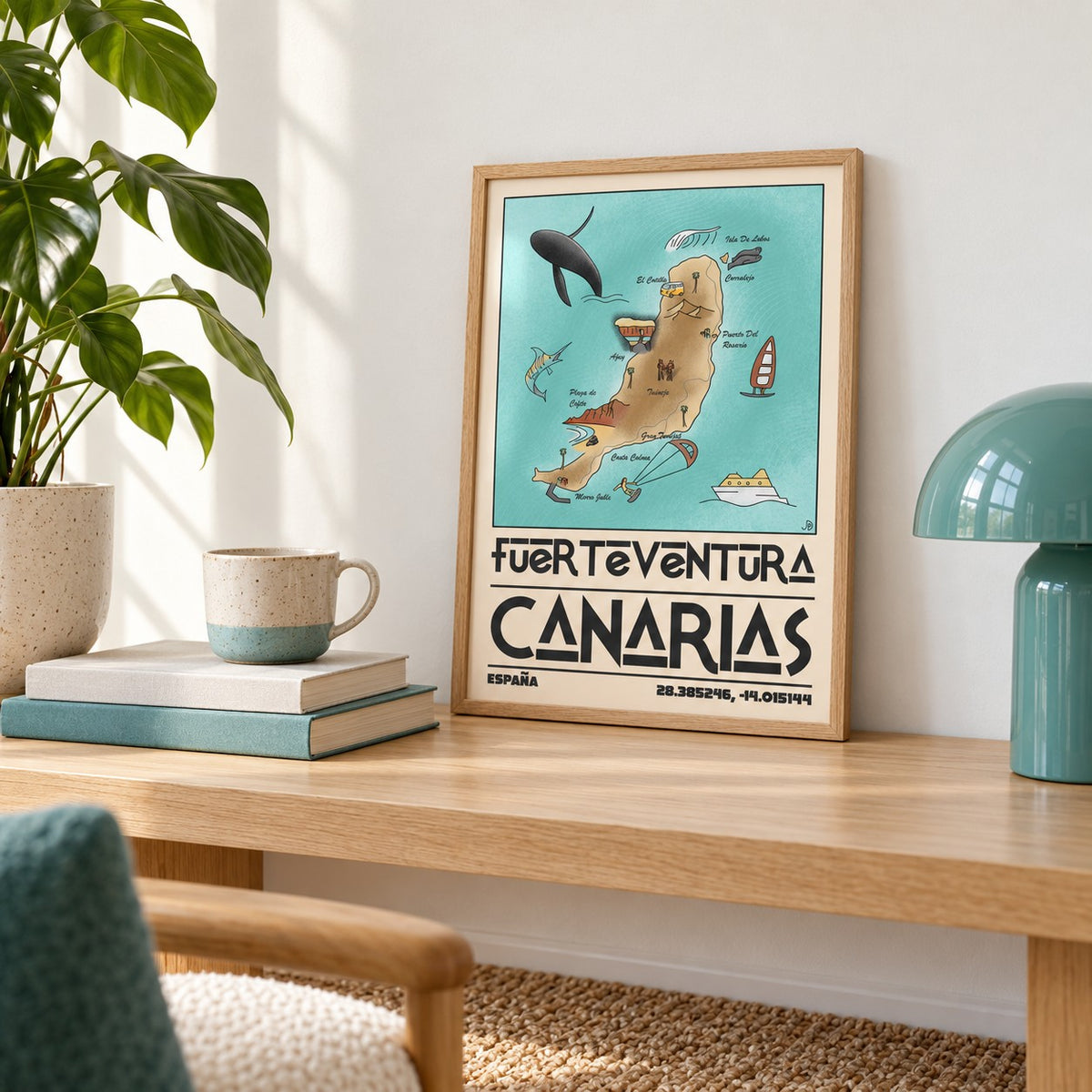 Canary Islands Wall Art shown in the small A4 size on a shelf (frame not included)