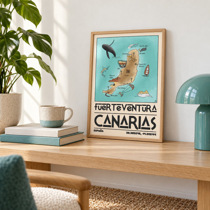 Canary Islands Wall Art shown in the small A4 size on a shelf (frame not included)