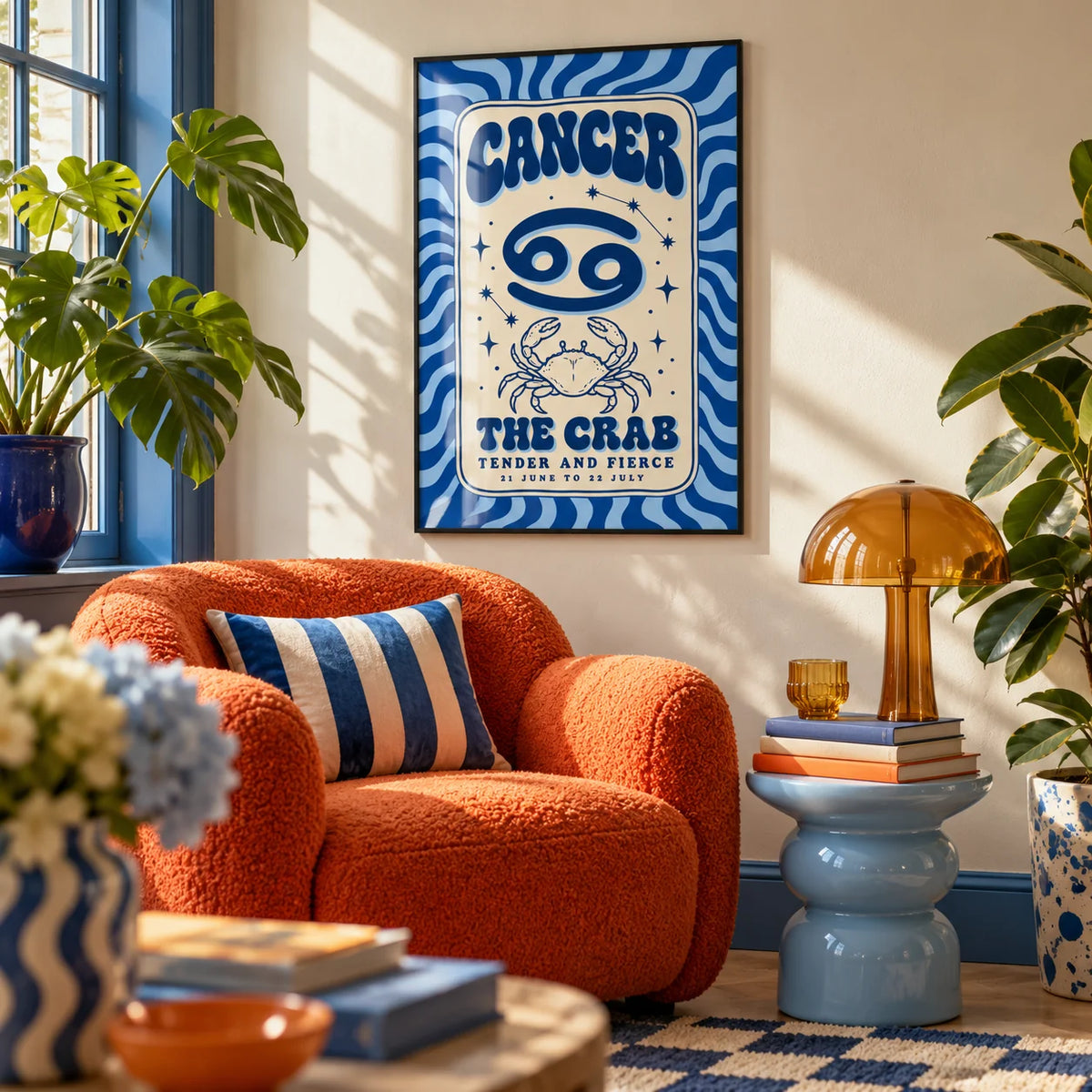 Cancer Zodiac Poster, framed on the wall of a cosy colourful reading nook in a living room
