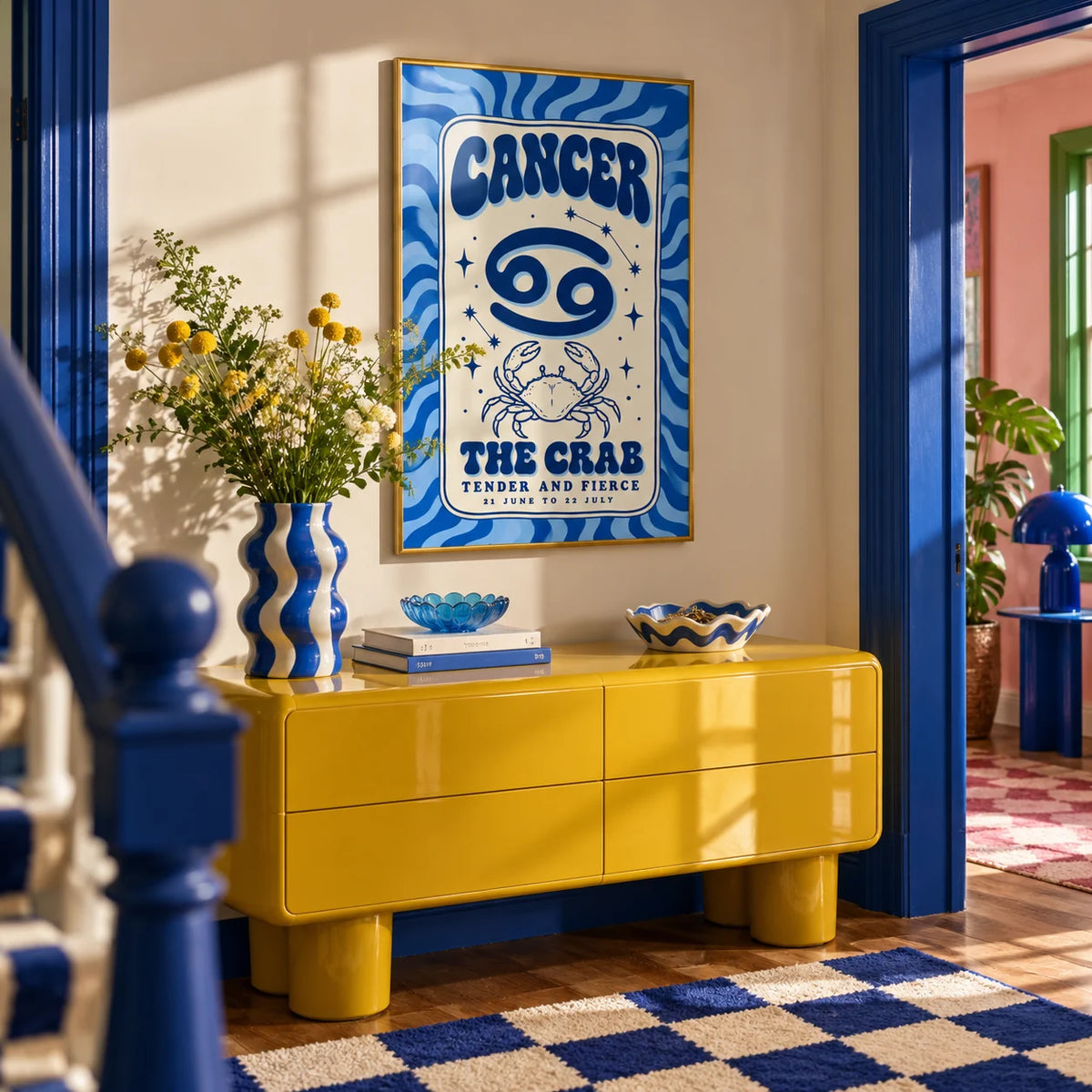 Cancer Zodiac Poster, framed on the wall of a fun hallway