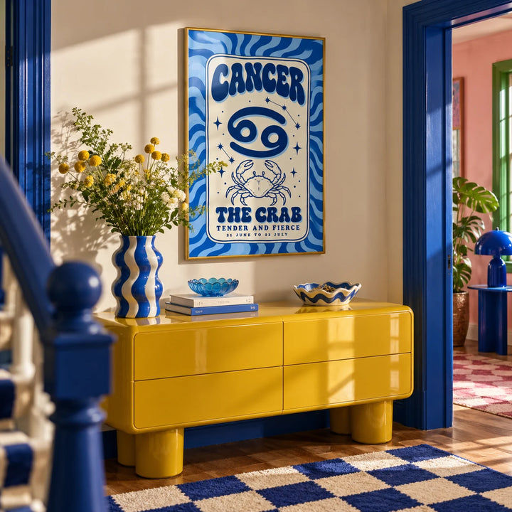 Cancer Zodiac Poster, framed on the wall of a fun hallway