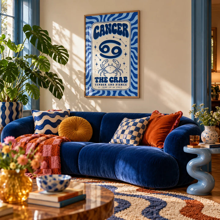 Cancer Zodiac Poster, framed on the wall of a maximalist living room