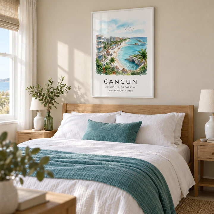 Cancun Beach Art Print, framed on the wall of a peaceful main bedroom in a UK seaside home with a pale sand wall