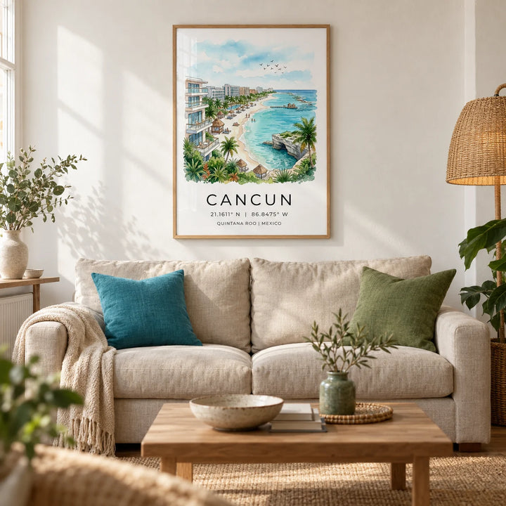 Cancun Beach Art Print, framed on the wall of a relaxed coastal living room in a British terraced house with warm white plaster walls and oak floorboards