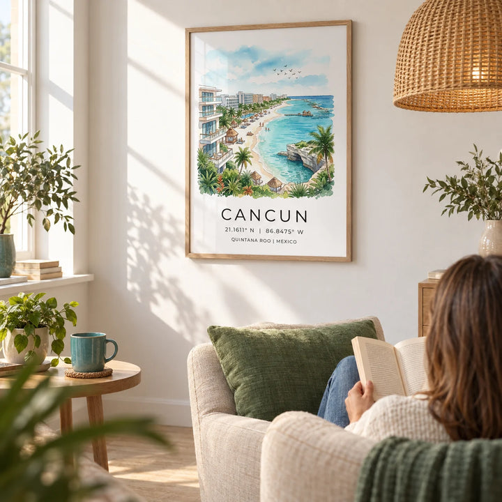 Cancun Beach Art Print, framed on the wall of a sunny reading corner in a British flat with a soft white wall and pale oak floor in a living room