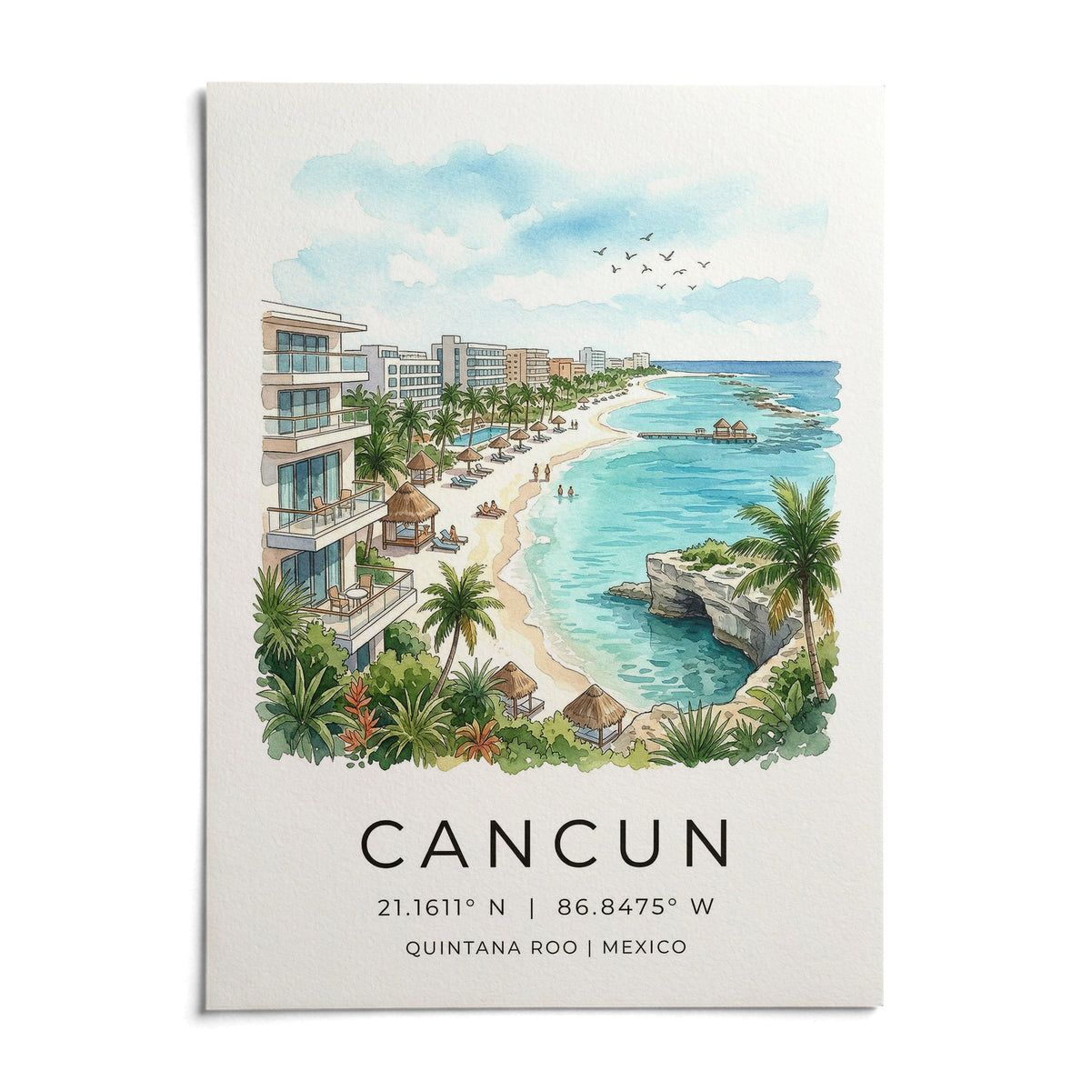 Cancun Beach Art Print, shown as an unframed paper print on a plain white background