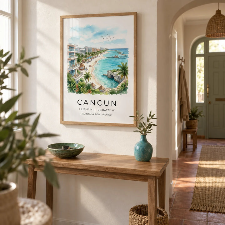 Cancun Beach Art Print, framed on the wall of a welcoming hallway in a renovated British terrace with warm white limewashed walls and terracotta floor tiles