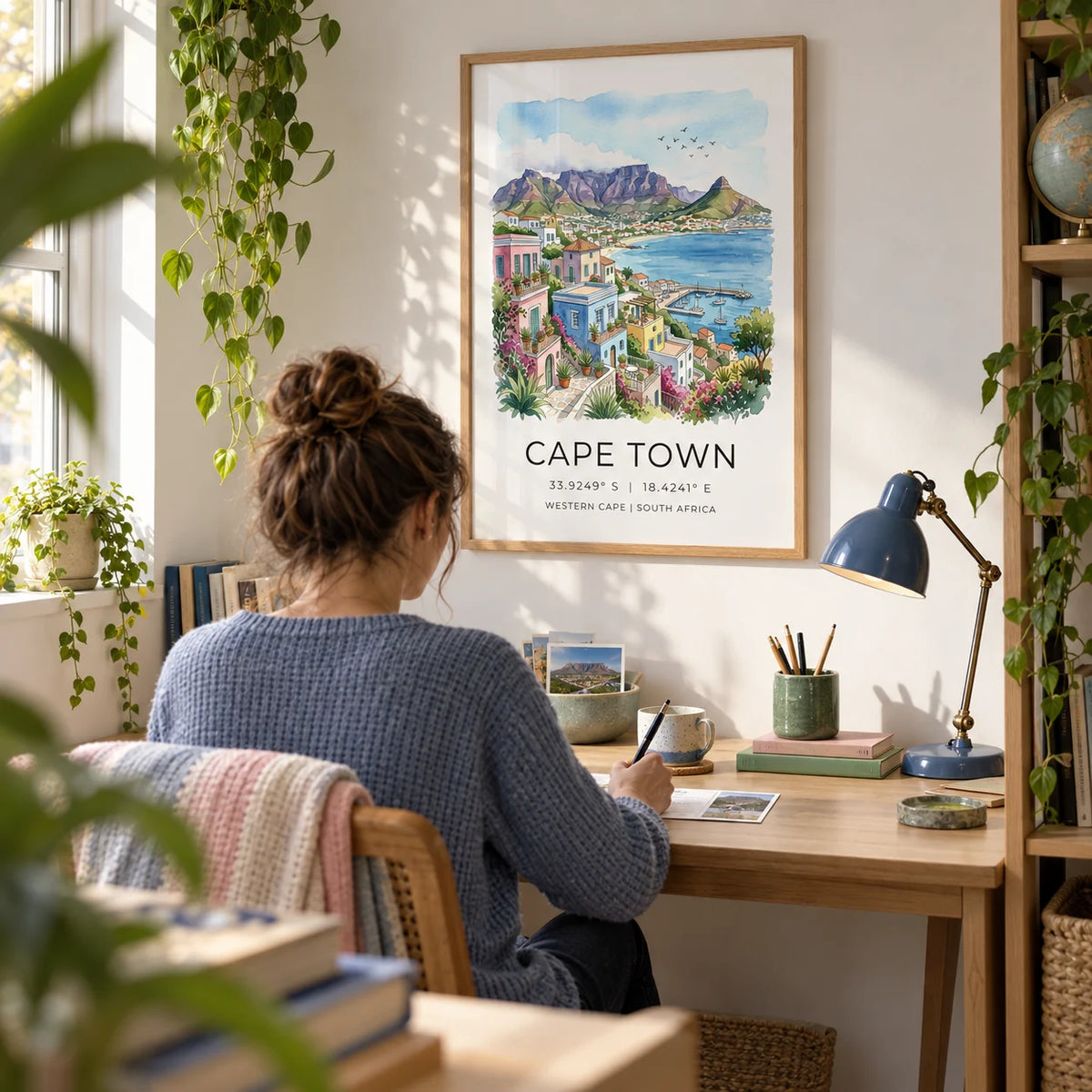 Cape Town Art Print, framed on the wall of a relaxed home study in a UK first flat for a travel-loving adult (25-35)