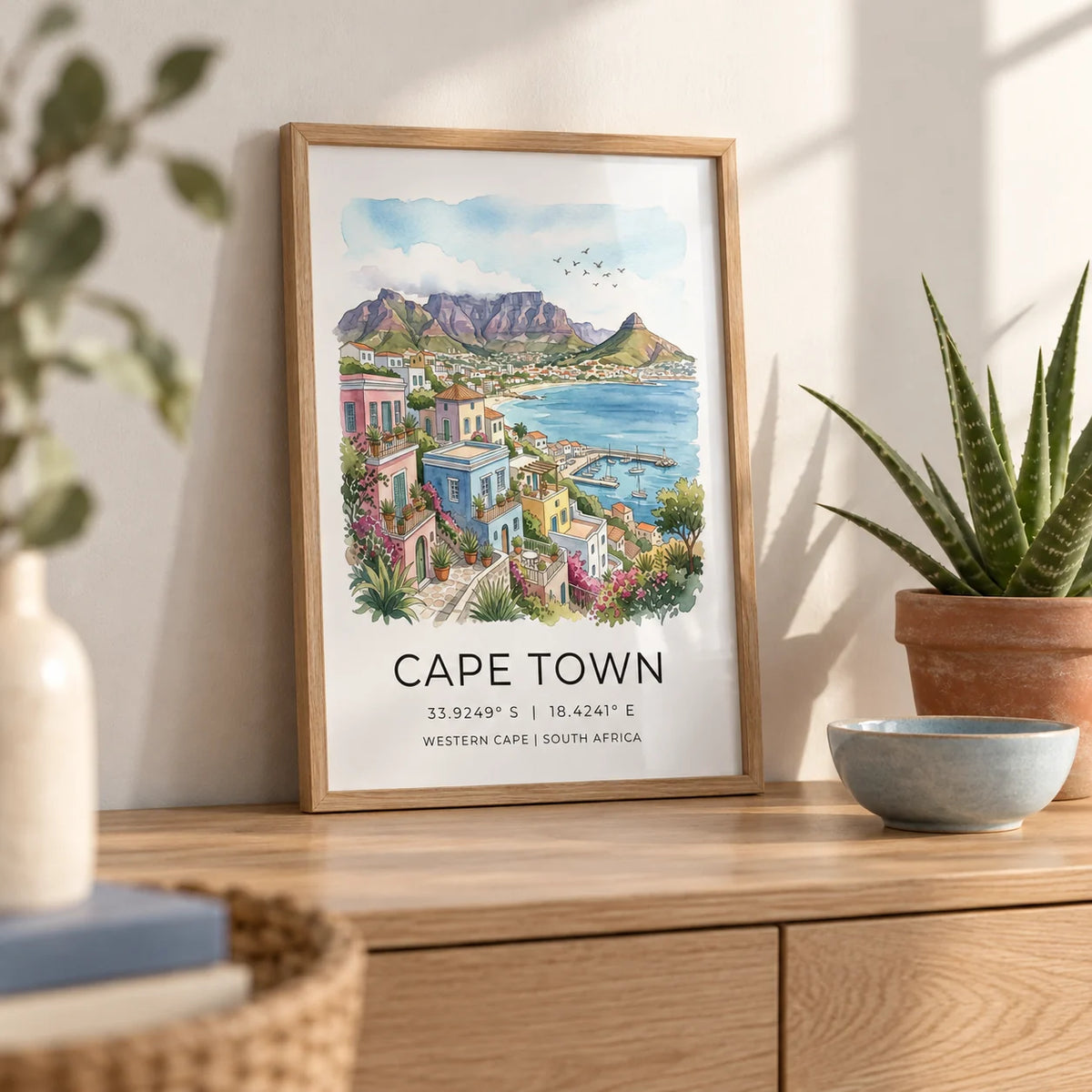 Cape Town Art Print, a small A4 framed print leaning on a pale oak sideboard in a living room