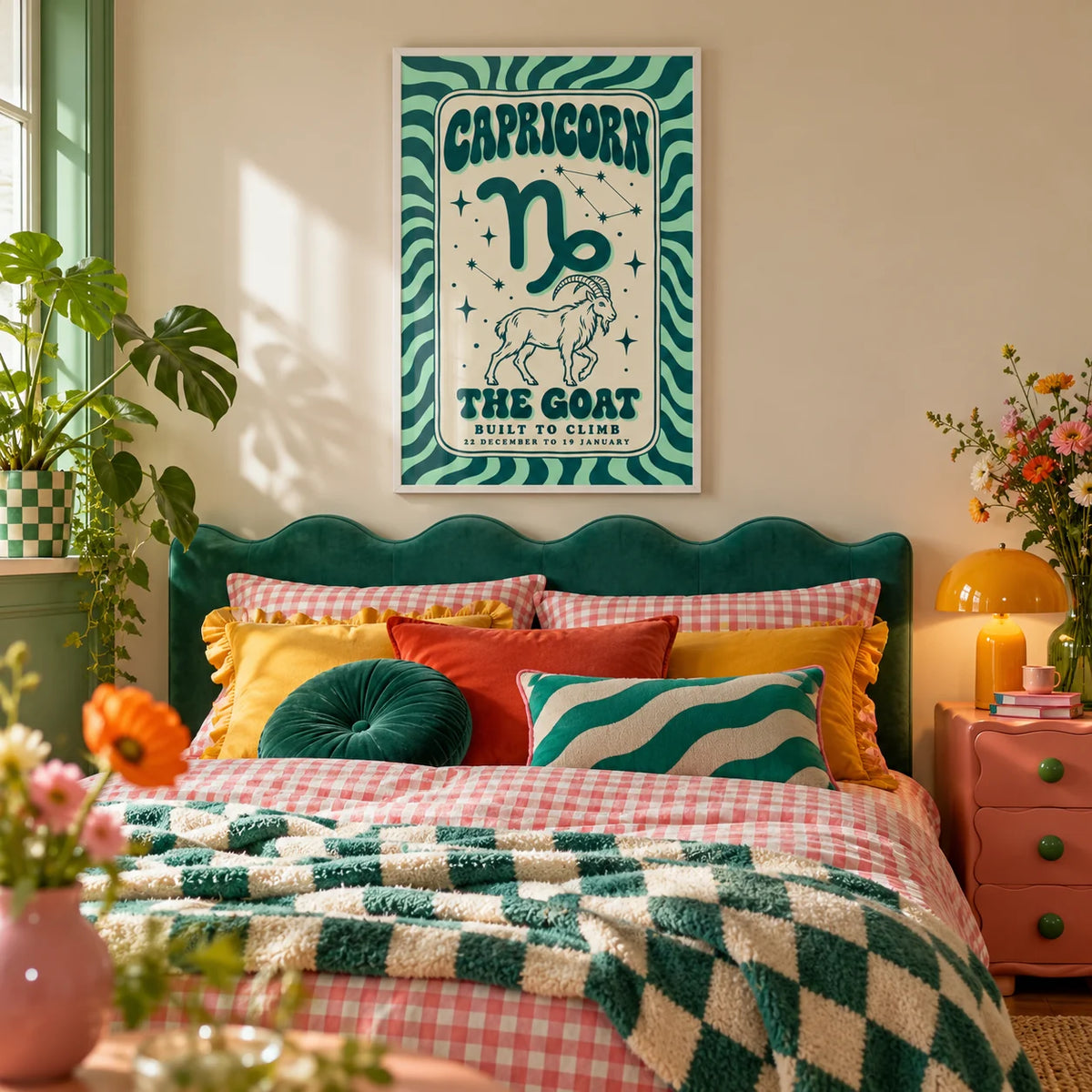 Capricorn Print, framed on the wall of a colourful dopamine bedroom