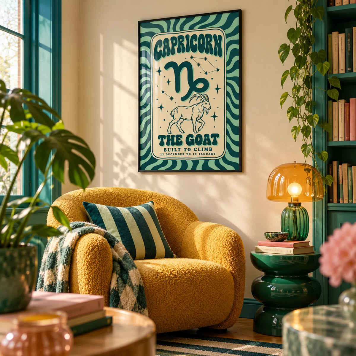 Capricorn Print, framed on the wall of a cosy colourful reading nook in a living room