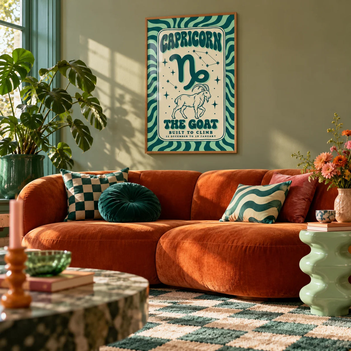 Capricorn Print, framed on the wall of a maximalist living room