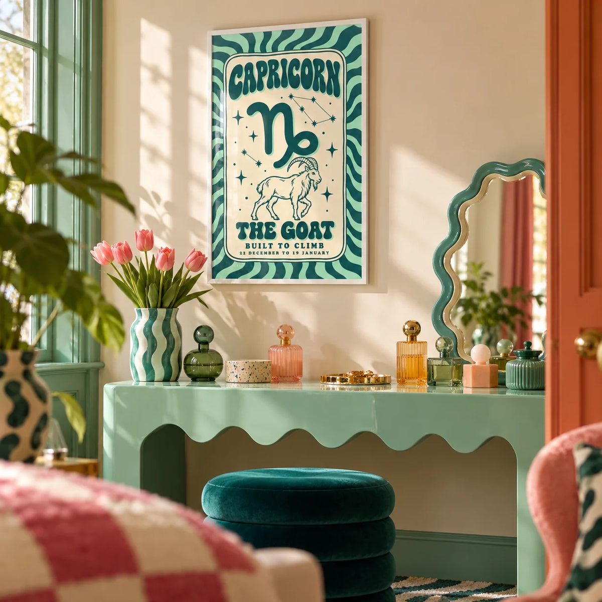 Capricorn Print, framed on the wall of a playful dressing area in a bathroom