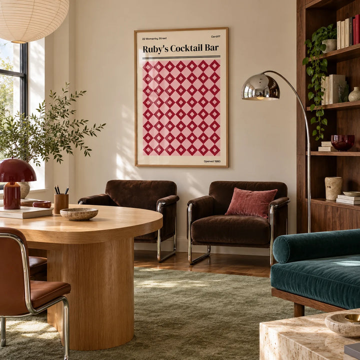 Cardiff Print, framed on the wall of a calm design studio office with a pale wall