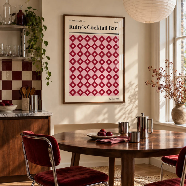 Cardiff Print, framed on the wall of a kitchen dining corner by a tall window in soft daylight