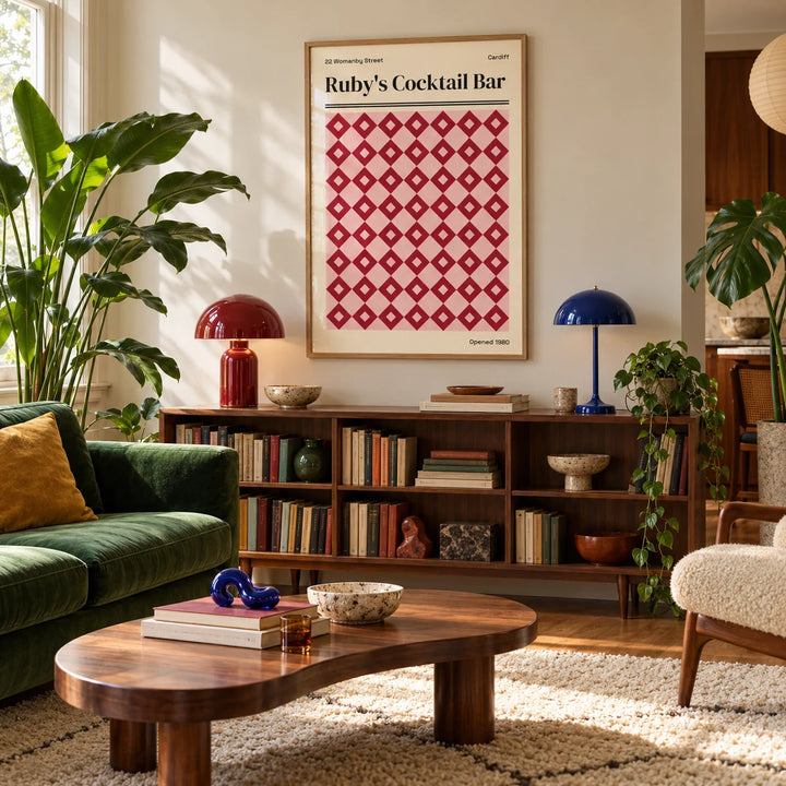 Cardiff Print, framed on the wall of a warm mid-century living room