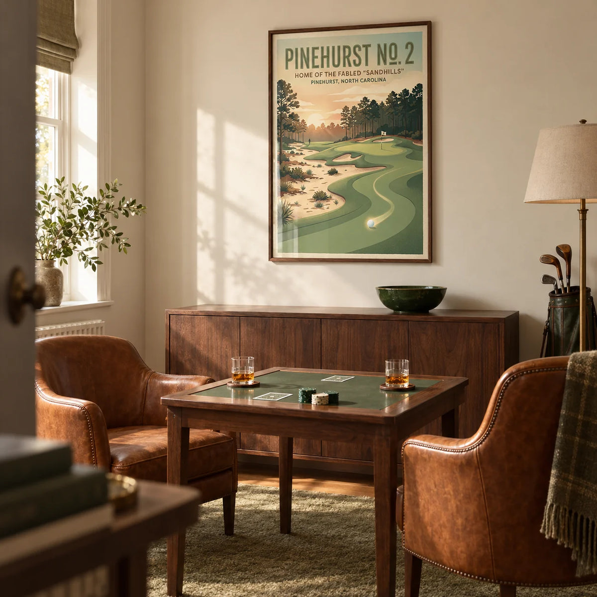 Carolina Golf Course Art Print, framed on the wall of a converted spare-room games snug in a British semi-detached home with warm ivory walls and a compact wooden games table in a living room