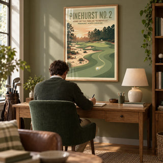 Carolina Golf Course Art Print, framed on the wall of a golf enthusiast's quiet home study with a muted olive wall and oak floor