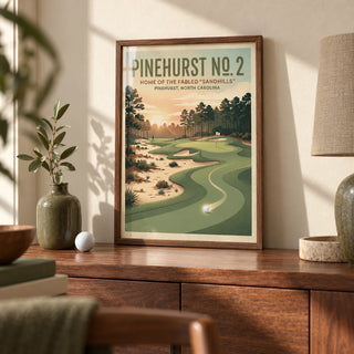 Carolina Golf Course Art Print, a small A4 framed print leaning on a walnut sideboard in a living room