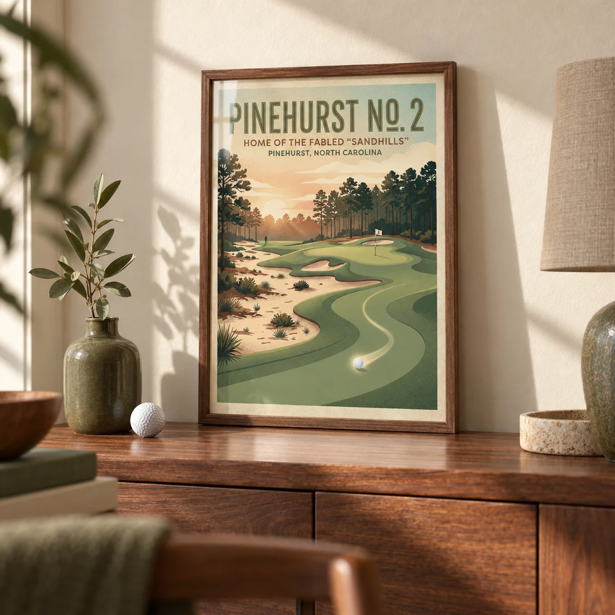 Carolina Golf Course Art Print, a small A4 framed print leaning on a walnut sideboard in a living room
