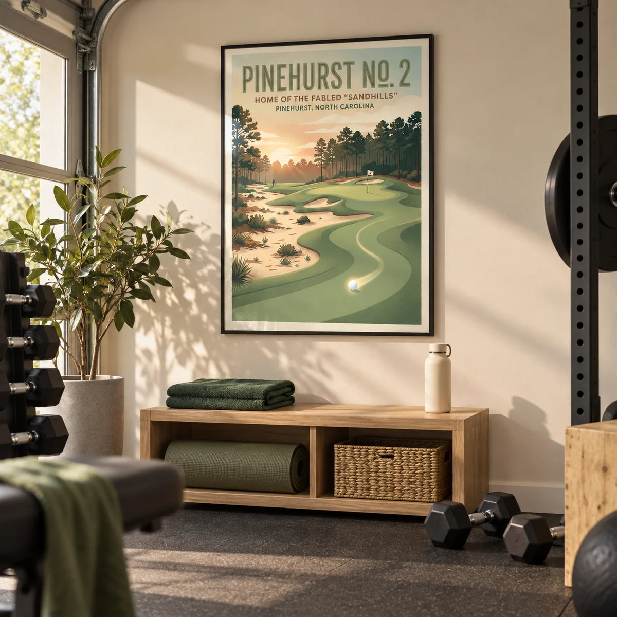 Carolina Golf Course Art Print, framed on the wall of a tidy home gym in a converted UK garage with warm white walls and charcoal rubber flooring