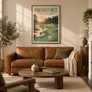 Carolina Golf Course Art Print, framed on the wall of a warm living room in a British terraced home with cream plaster walls