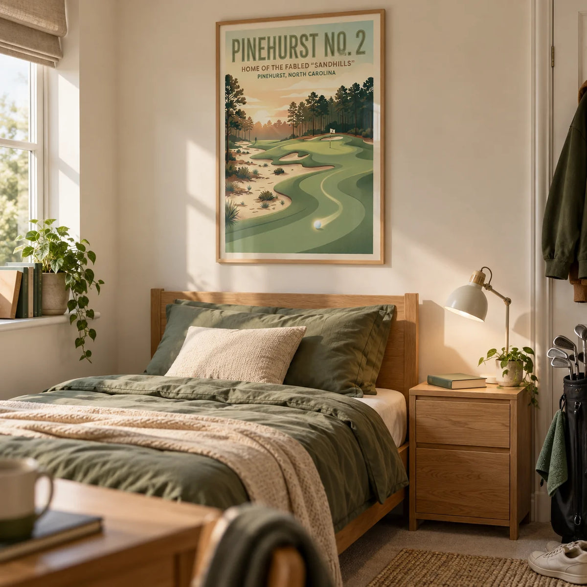 Carolina Golf Course Art Print, framed on the wall of a young adult golfer's single bedroom (18-25) in a UK family home with warm cream walls and simple oak furniture