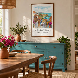 Cartagena Art Print, framed on the wall of a bright dining room in a UK home with warm white plaster walls and a muted turquoise painted sideboard