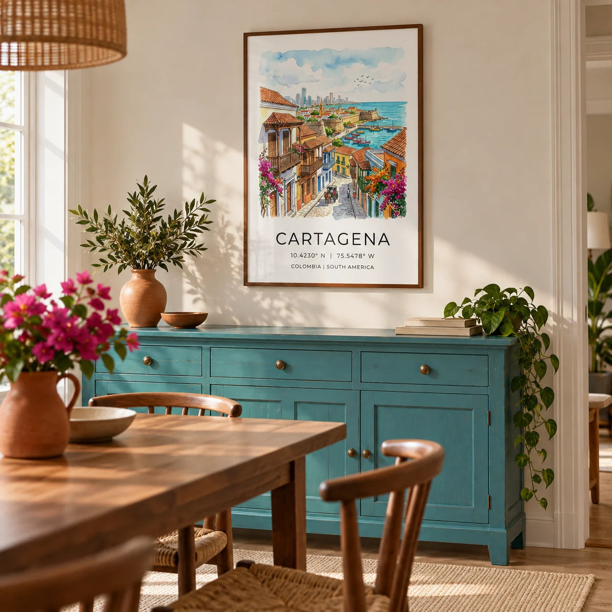 Cartagena Art Print, framed on the wall of a bright dining room in a UK home with warm white plaster walls and a muted turquoise painted sideboard