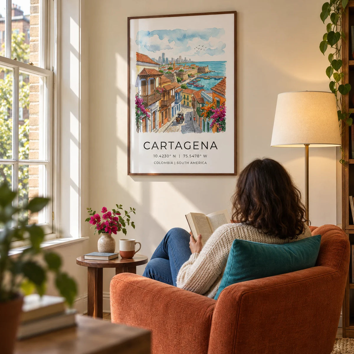 Cartagena Art Print, framed on the wall of a quiet reading corner in a UK flat with a warm ivory wall and a tall sash window in a living room