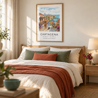 Cartagena Art Print, framed on the wall of a relaxed bedroom in a UK home with warm white walls