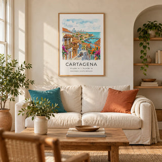 Cartagena Art Print, framed on the wall of a warm living room in a UK Victorian terrace with ivory limewashed walls