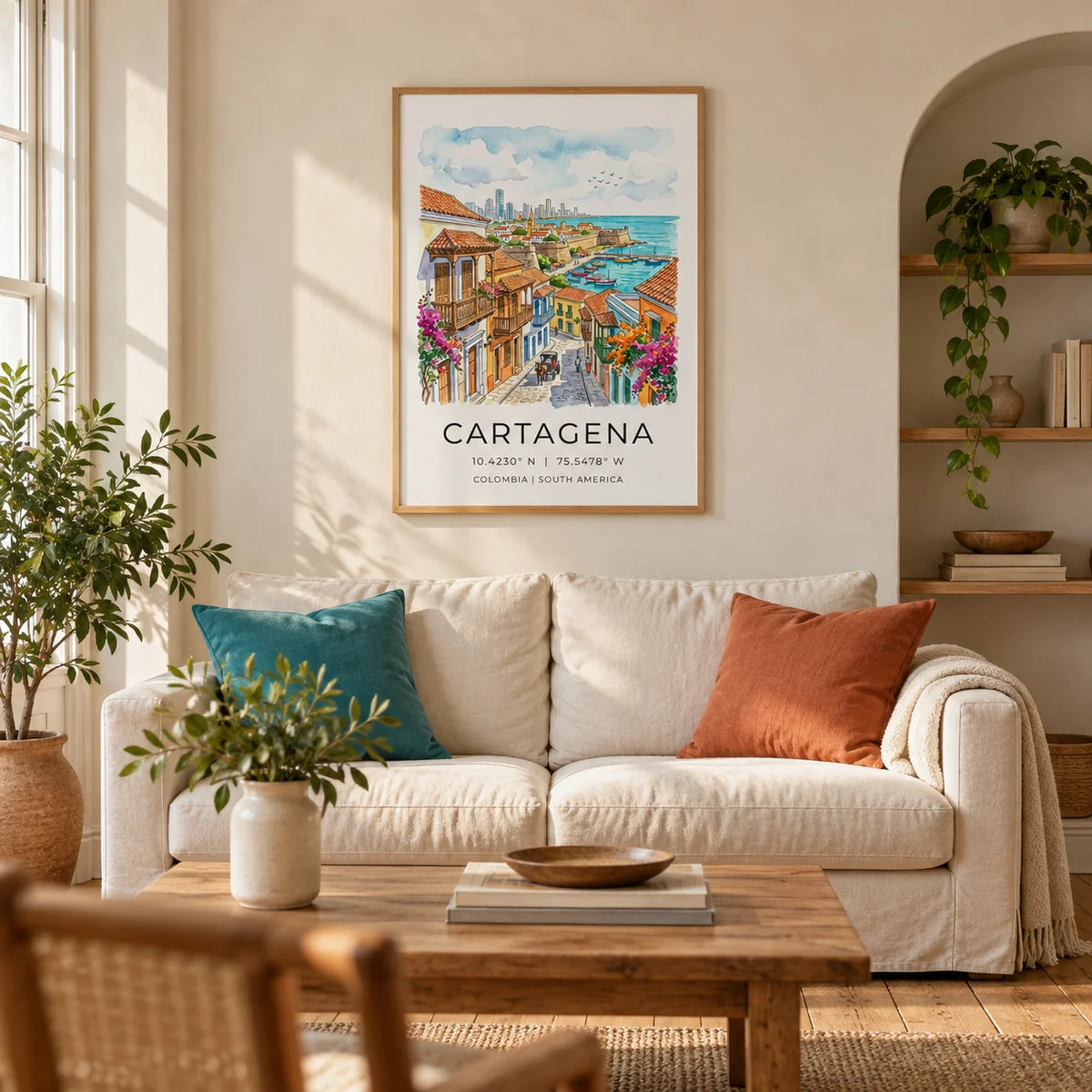 Cartagena Art Print, framed on the wall of a warm living room in a UK Victorian terrace with ivory limewashed walls