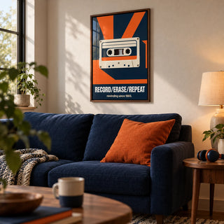 Cassette Tape Wall Art, framed on the wall of a cosy den in a living room